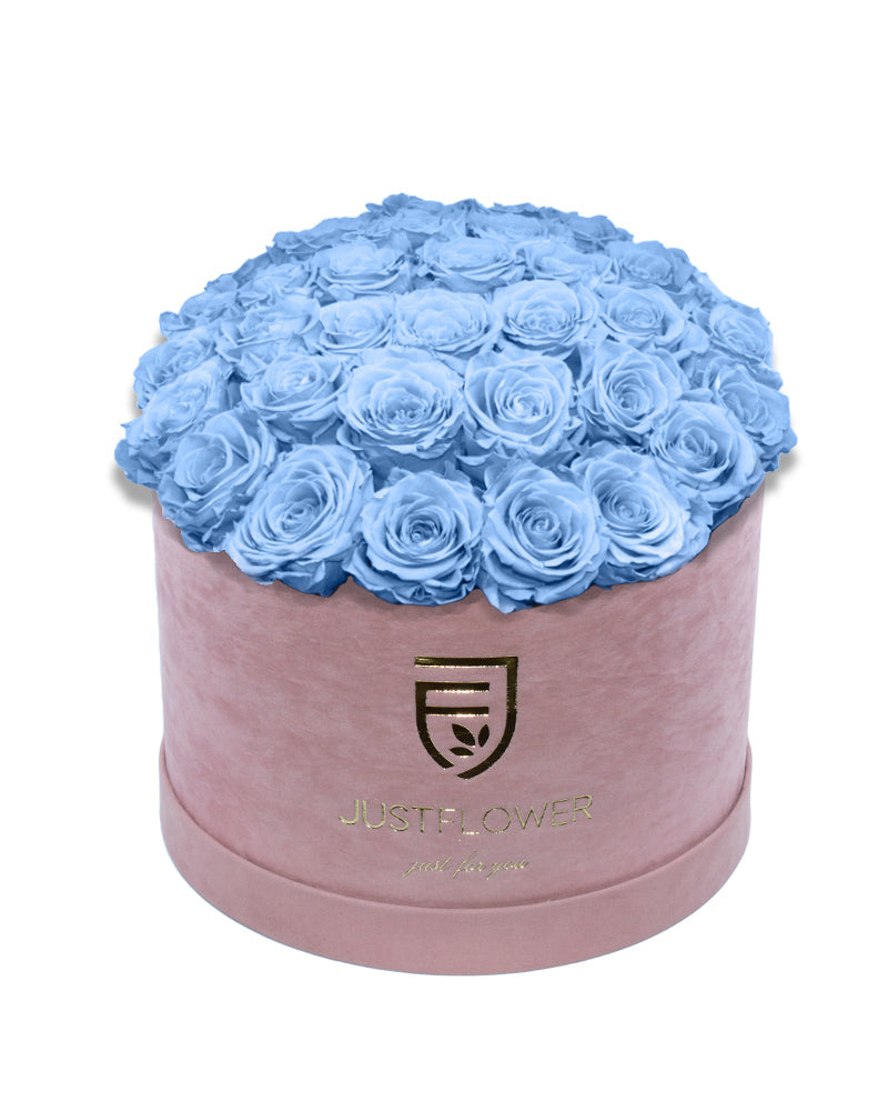 Rosenbox Rund-Deluxe mit hellblauen ewigen Rosen – Für unvergleichliche Eleganz und nachhaltige Frische. Bestellen Sie noch heute bei JustFlower.ch.