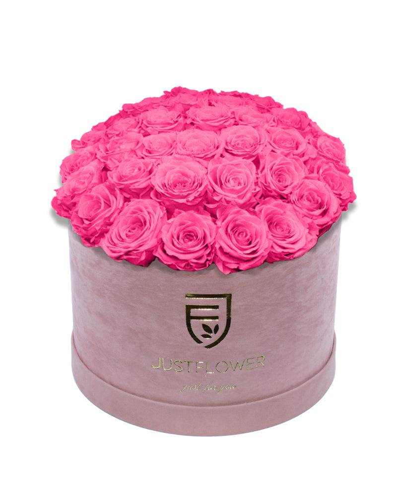 Rosenbox Deluxe mit pinken konservierten Rosen in Hellrosa – Infinity Rosen für langanhaltende Frische. Perfekt als romantisches Geschenk bei JustFlower.ch.