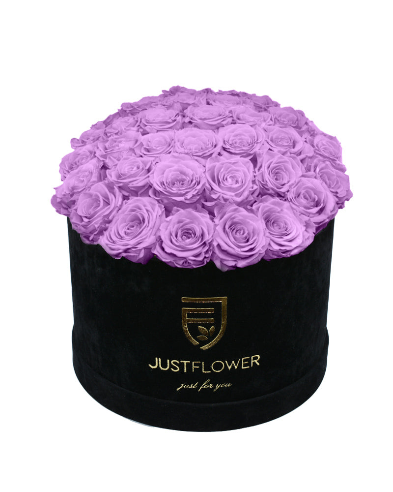 Rosenbox Schwarz mit lilafarbenen Rosen – Infinity Rosen für elegantes Design und dauerhafte Schönheit. Bestellen Sie jetzt bei JustFlower.ch.