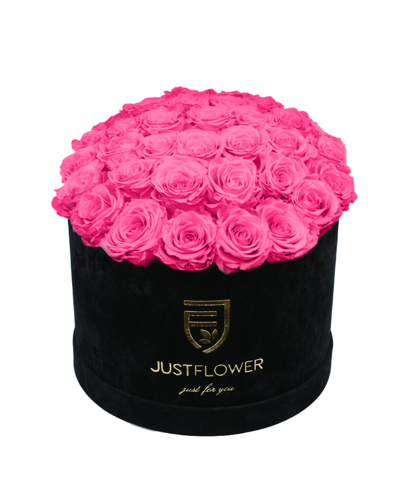 Rosenbox Schwarz mit pinkfarbenen Rosen – Infinity Rosen für anhaltende Eleganz und Frische. Bestellen Sie jetzt bei JustFlower.ch.