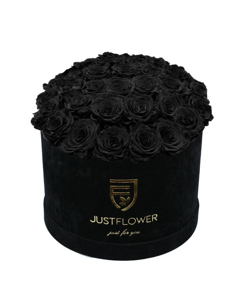 Rosenbox Schwarz mit schwarzen Rosen – Elegantes Design mit ewigen schwarzen Rosen, ideal für stilbewusste Geschenke oder als Dekoration. Bestellen Sie jetzt bei JustFlower.ch.