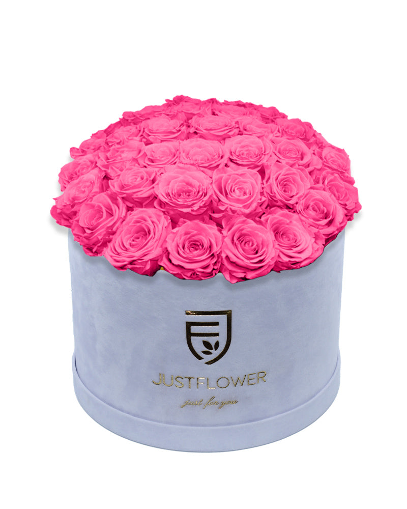 Rosenbox Rund Deluxe mit pink konservierten Rosen – Infinity Rosen für langanhaltende Frische, das ideale Geschenk für besondere Anlässe. Bestellen Sie jetzt bei JustFlower.ch.