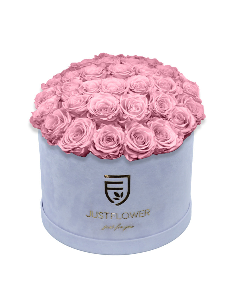 Rosenbox Rund Deluxe mit vintage pink konservierten Rosen – Infinity Rosen für langanhaltende Frische und Eleganz, perfekt als romantisches Geschenk. Bestellen Sie jetzt bei JustFlower.ch.