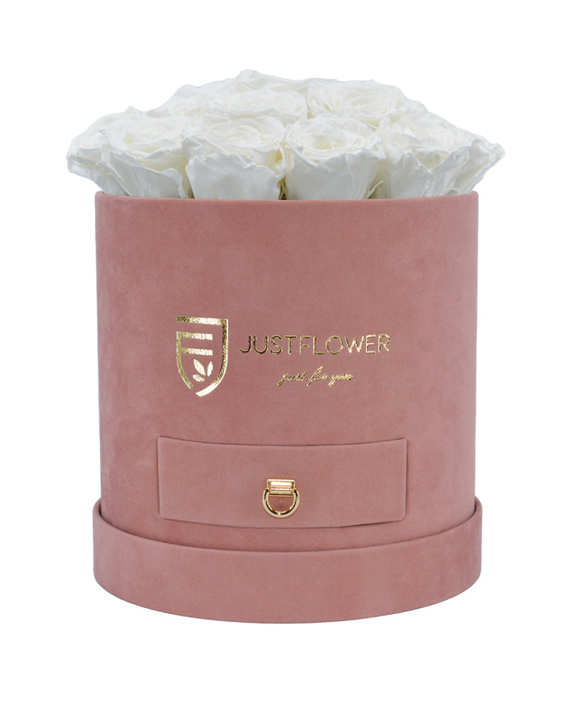 Rosenbox mit weißen Infinity Rosen – Bestellen Sie diese luxuriöse Rosenbox mit konservierten weißen Rosen bei JustFlower.ch und genießen Sie die ewige Schönheit der Rosen.