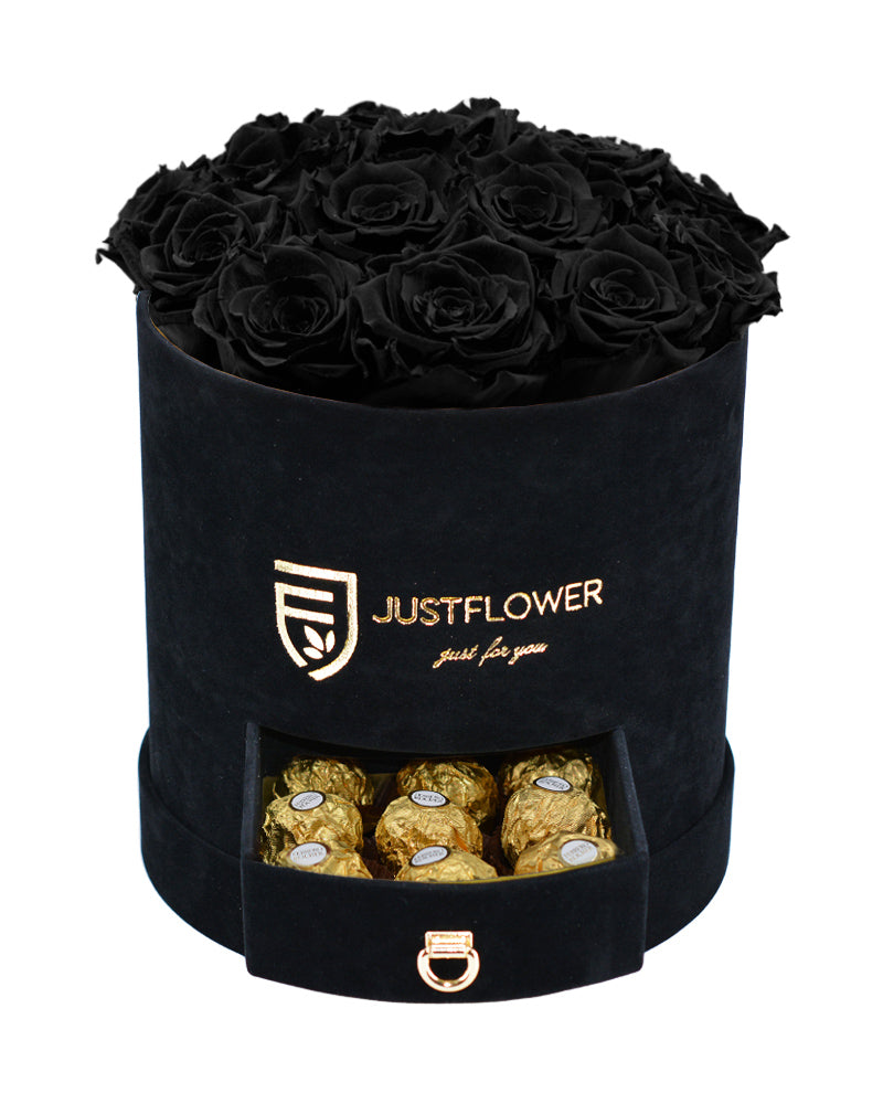 Rosenbox mit schwarzen Infinity Rosen – Schwarze Rosenbox mit konservierten schwarzen Rosen und einer Schublade voller Goldschokolade. Bestellen Sie diese luxuriöse Rosenbox bei JustFlower.ch für das ideale Geschenk.