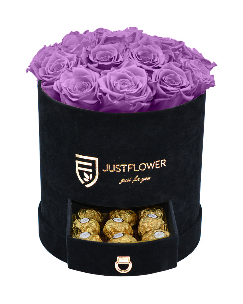 Rosenbox mit lilafarbenen Infinity Rosen und Schublade – Bestellen Sie diese elegante Rosenbox bei JustFlower.ch und erleben Sie konservierte Rosen in luxuriösem Design.