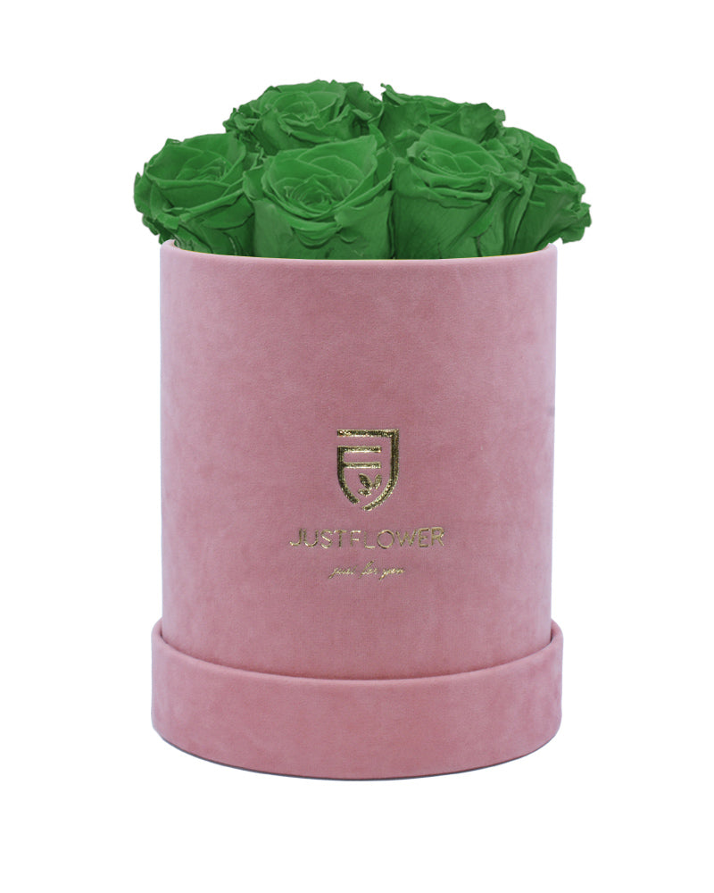 Rosenbox mit ewigen grünen Rosen im zarten rosa Rosenbox. Kaufen Sie diese stilvolle Rosenbox mit konservierten Infinity Rosen bei JustFlower.ch.