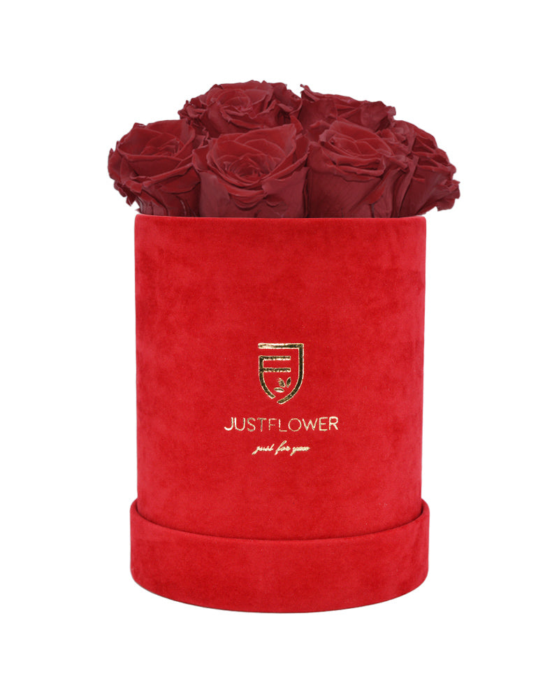 Rosenbox mit ewigen Rosen im roten Velvet Rosenbox. Holen Sie sich diese außergewöhnliche konservierte Rosen bei JustFlower.ch für Ihre besonderen Momente.