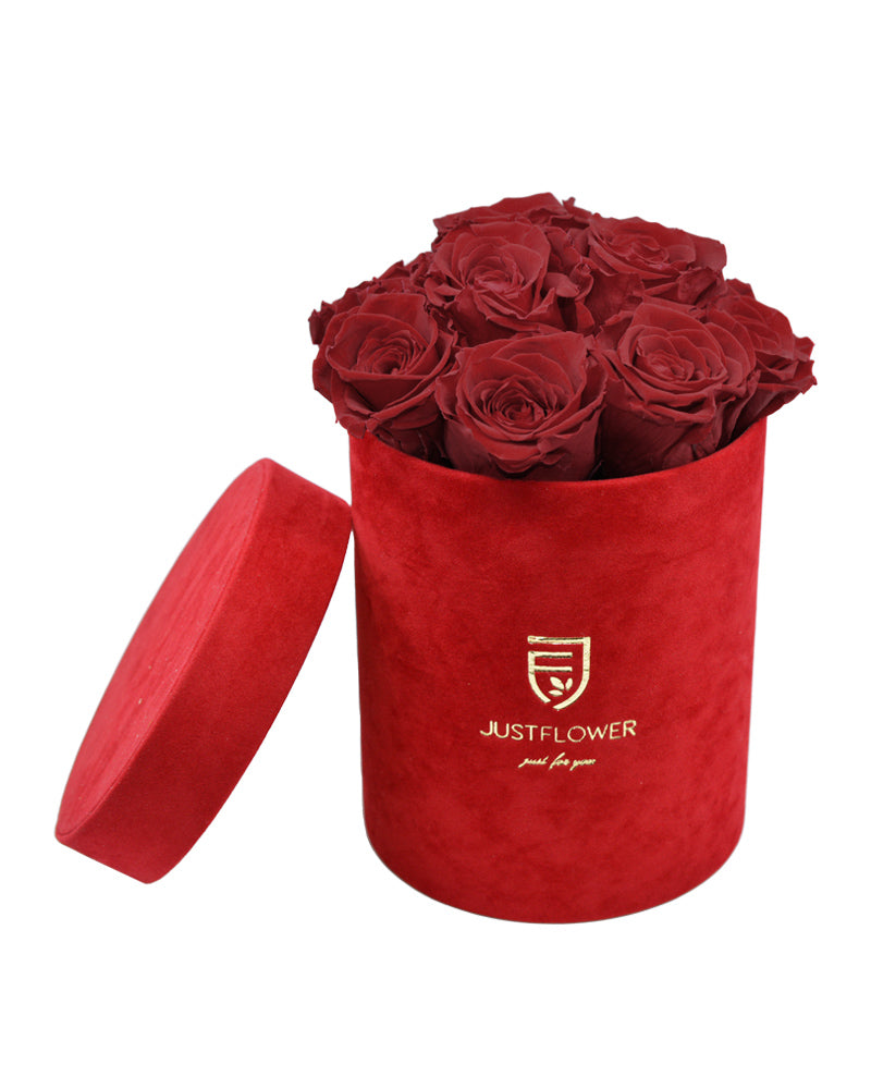 Rosenbox mit Infinity Rosen in rotem Samt Rosenbox, elegant und luxuriös. Bestellen Sie diese luxuriöse  Infinity Rosenbox bei JustFlower.ch für ein unvergessliches Geschenk.