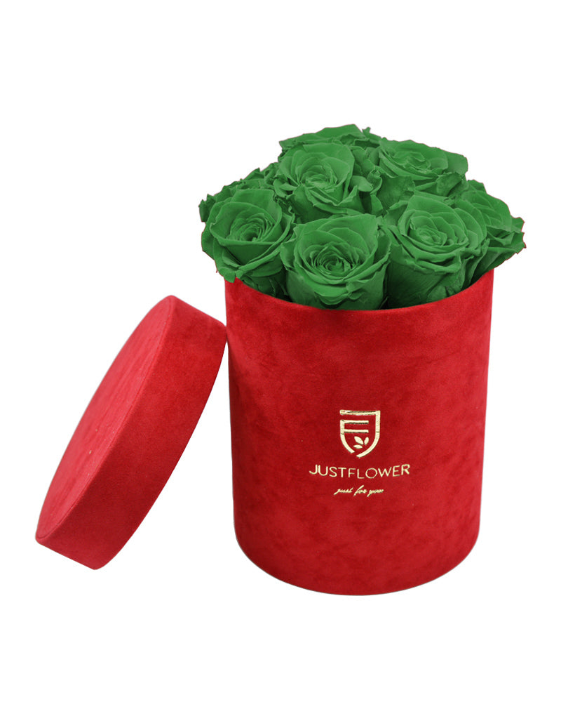 Die Runde Rosenbox enthält grüne Infinity Rosen und ist perfekt für eine besondere Überraschung. Kaufen Sie diese wunderschöne Velvet Rosenbox bei JustFlower.ch.