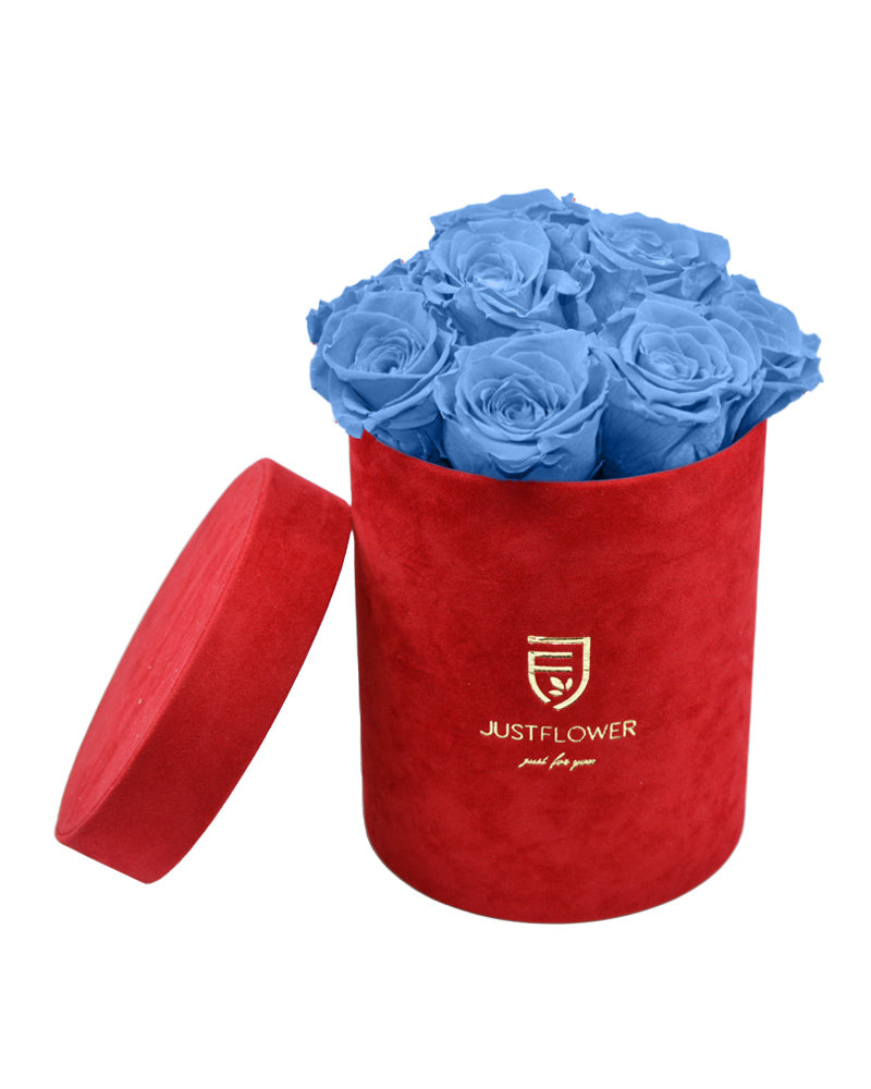 Rosenbox mit hellblauen Infinity Rosen in einer eleganten roten Samt Rosenbox. Bestellen Sie diese stilvolle Rosenbox bei JustFlower.ch und verschenken Sie ewige Rosen für besondere Anlässe.