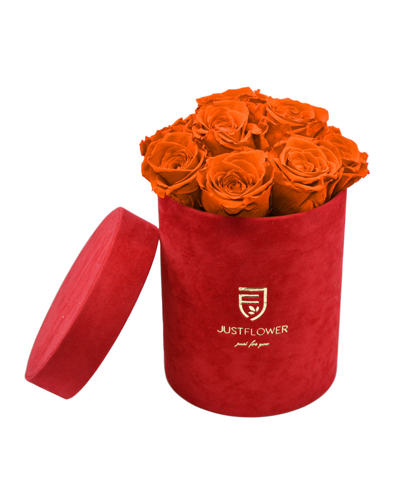 Luxuriöse Rosenbox mit konservierten orangefarbenen Rosen ist das perfekte Geschenk. Bestellen Sie noch heute Ihre ewigen Rosen bei JustFlower.ch!