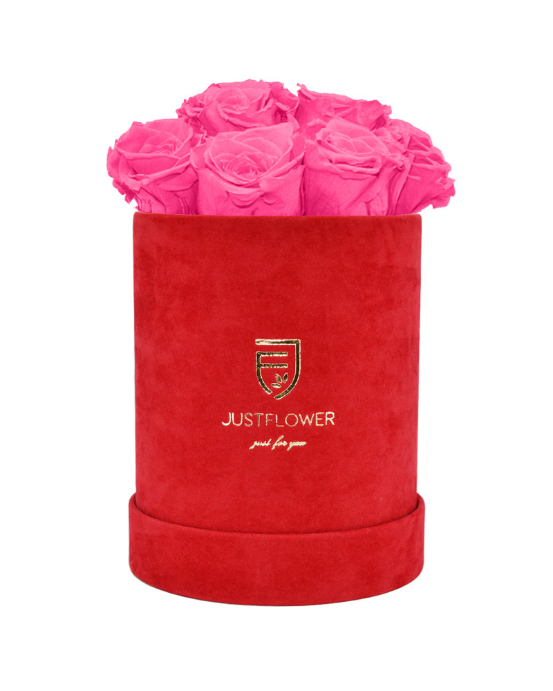 Rosenbox mit pinken konservierten Rosen. Jetzt kaufen bei JustFlower.ch für frische, langanhaltende ewige Rosen in einer eleganten Box.