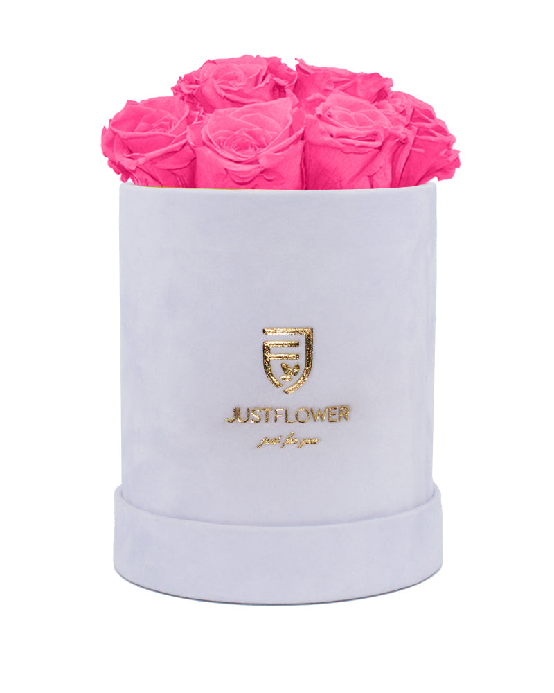 Rosenbox mit ewigen Rosen in Pink in einer weißen Rosenbox von JustFlower.ch. Bestellen Sie jetzt, um diese konservierten Rosen zu erhalten und Ihre Liebsten zu überraschen.
